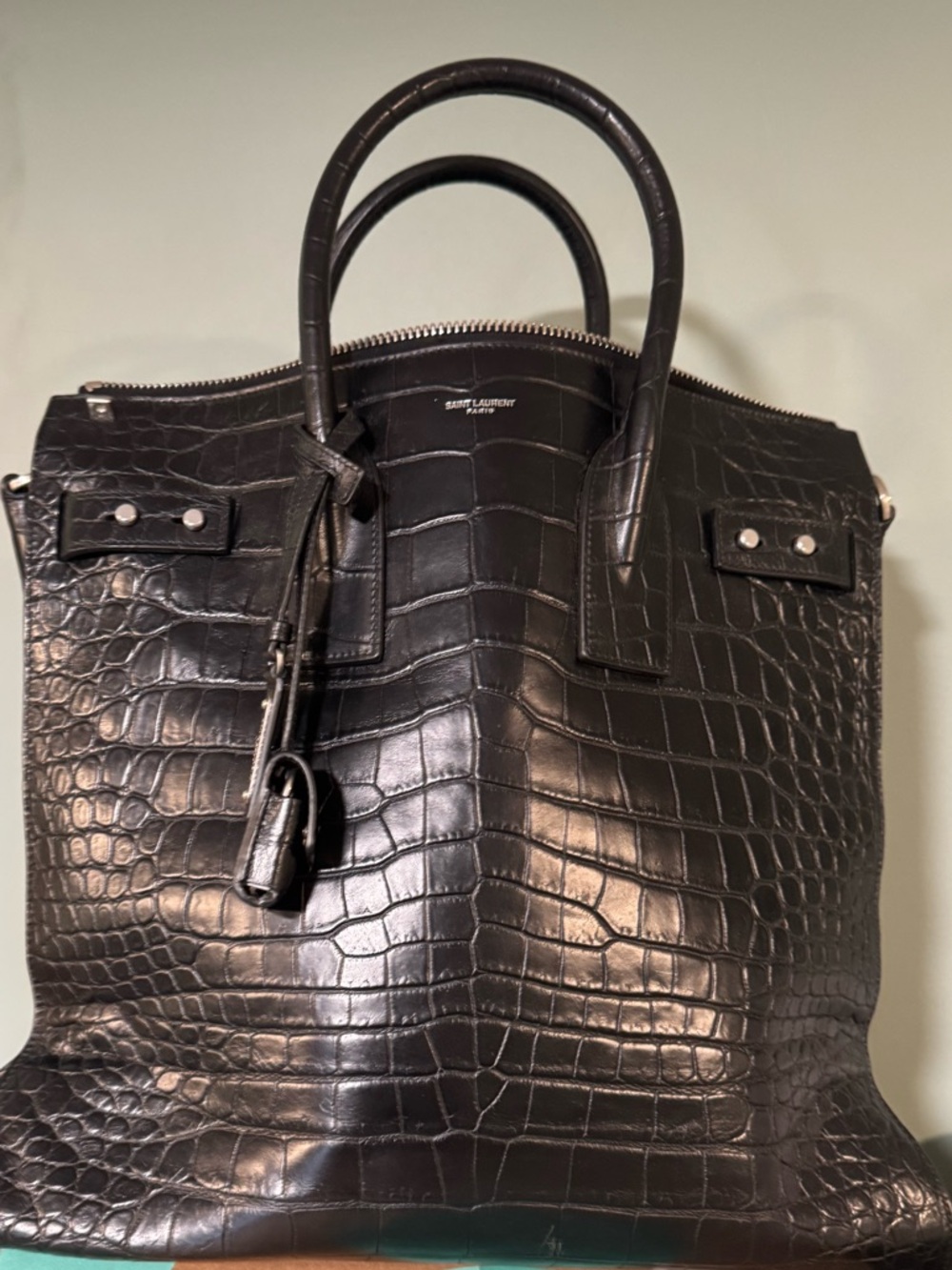 Men's Black Croc-Embossed Leather Top-Handle Bag - Picture 2 of 2